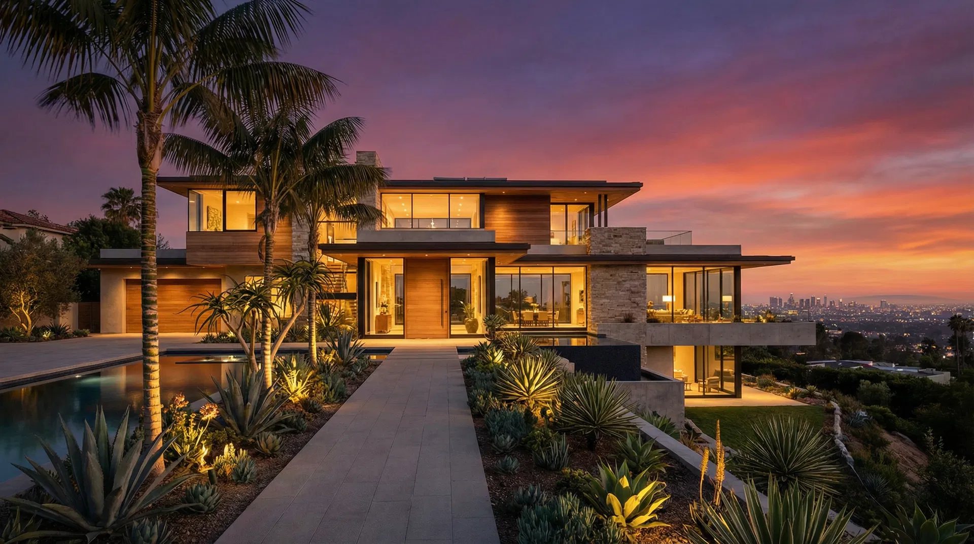 Modern luxury home with pool at sunset